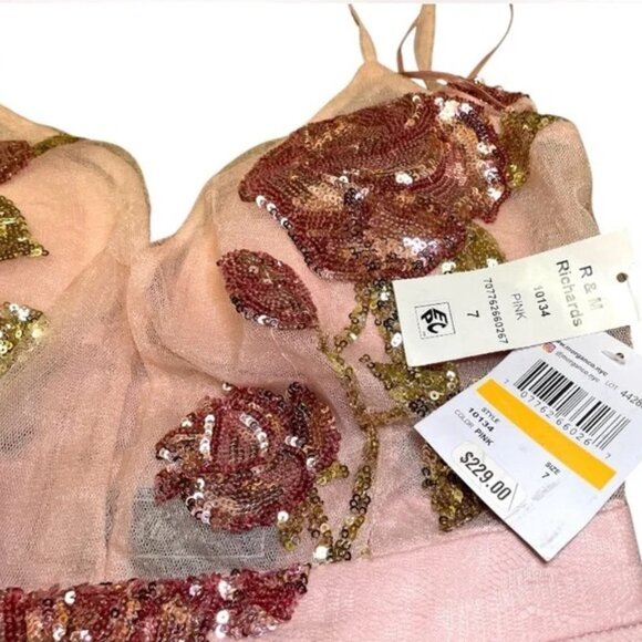 Morgan & Co 10134 Pink Gown with Floral Sequin Mesh Overlay Prom Gown Size 7 NWT - Picture 5 of 8